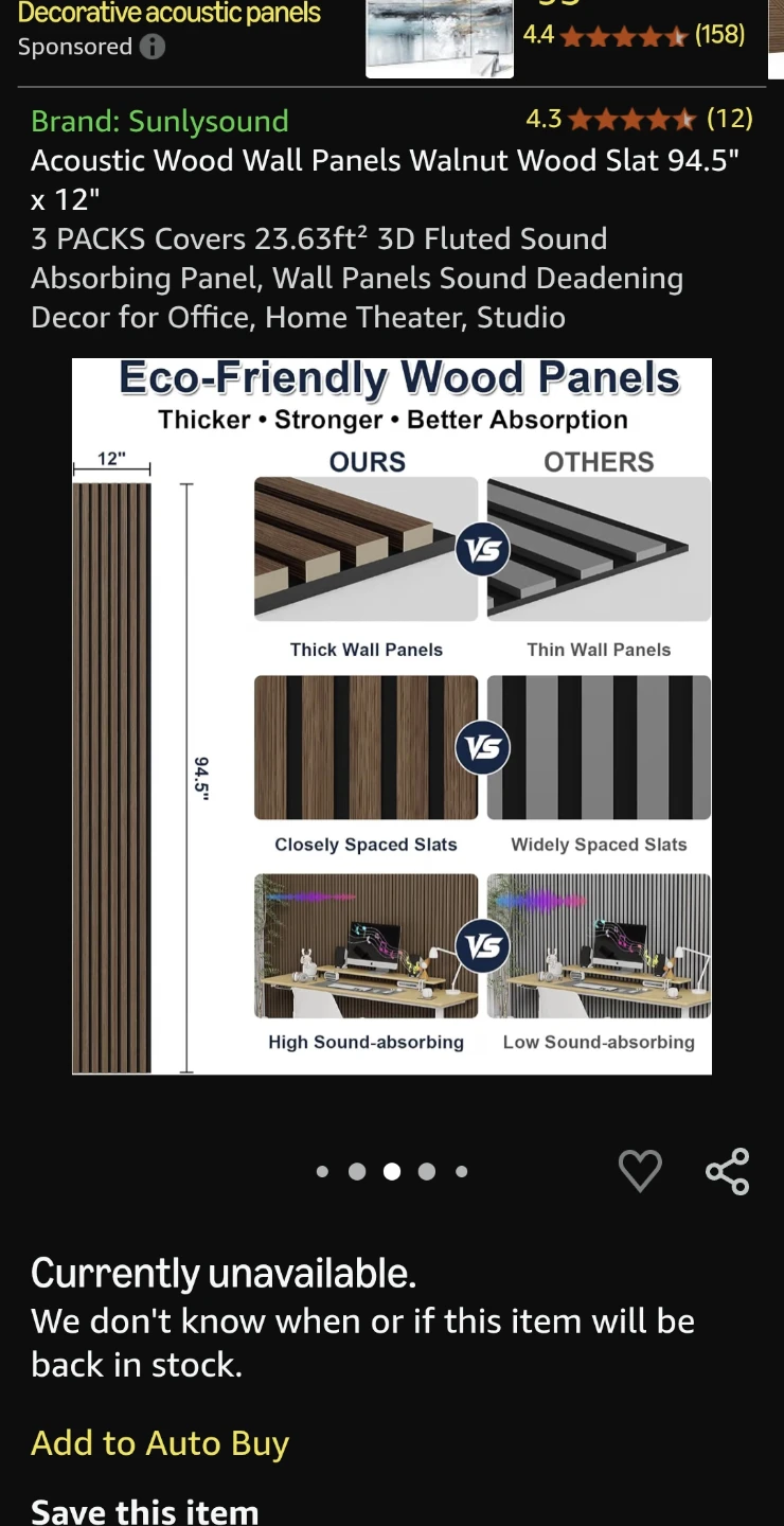 Sunlysound Black Wood Slat Acoustic Panels, 3 Pack - photo 4