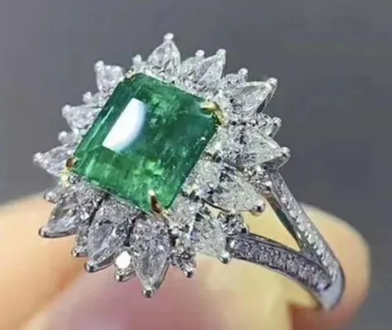 Fashion Emerald and Diamond Cluster  artificial Ring