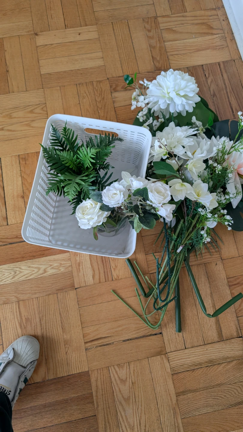 Artificial White Floral Bouquet and White Basket