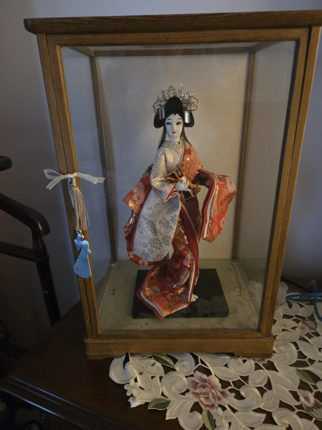 Traditional Japanese Geisha Doll in Glass Display Case