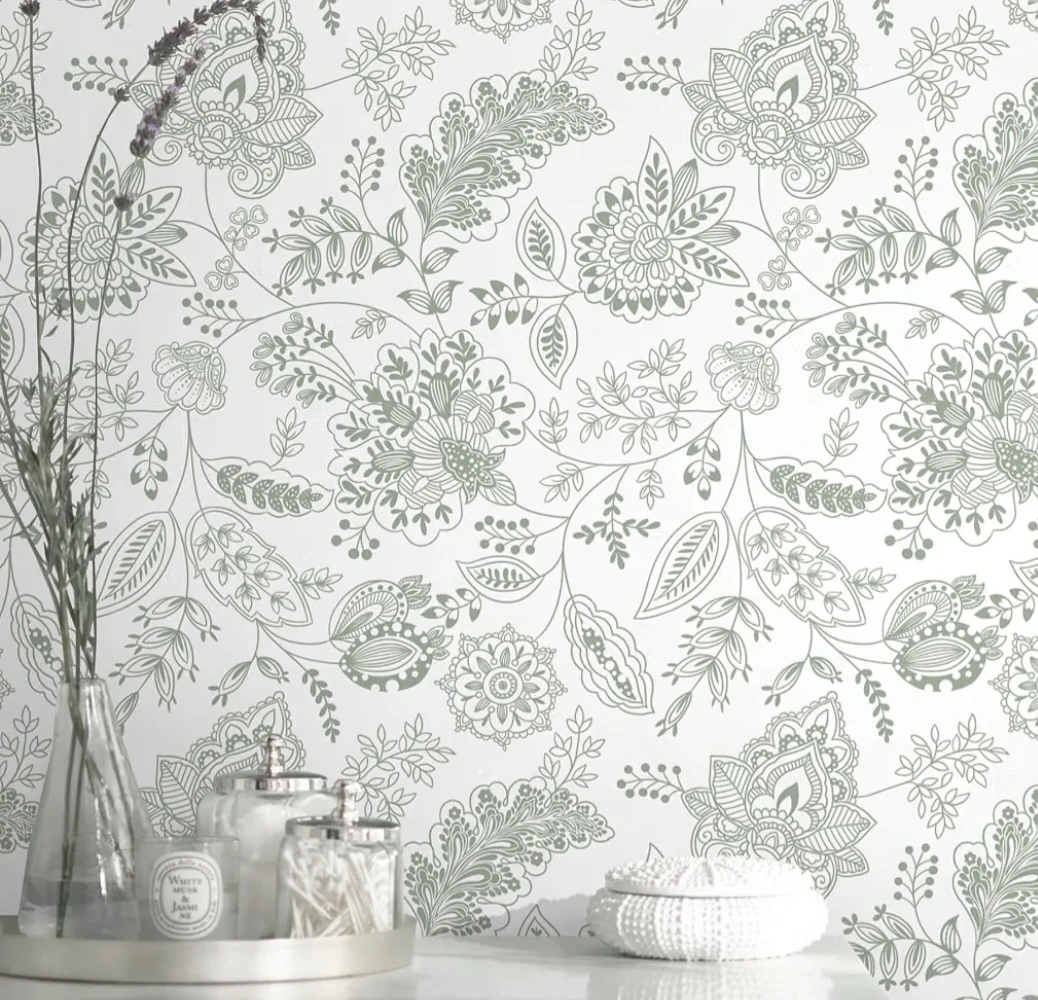 White & Green Floral Peel & Stick Wallpaper 17.3"×393"