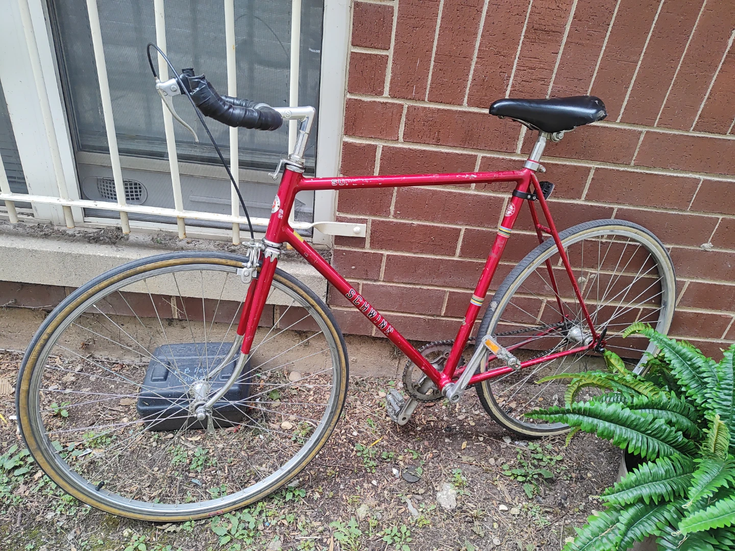 Cherry red Schwinn single speed road racer bike