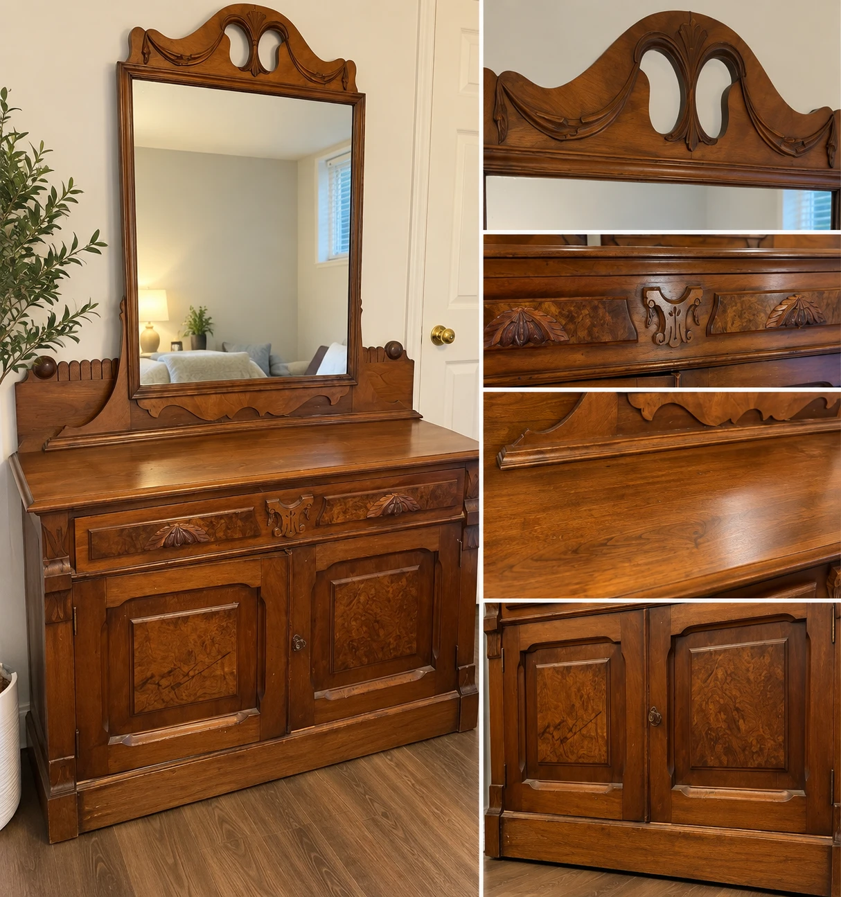 Vintage Antique Wooden Sideboard with Mirror - photo 2