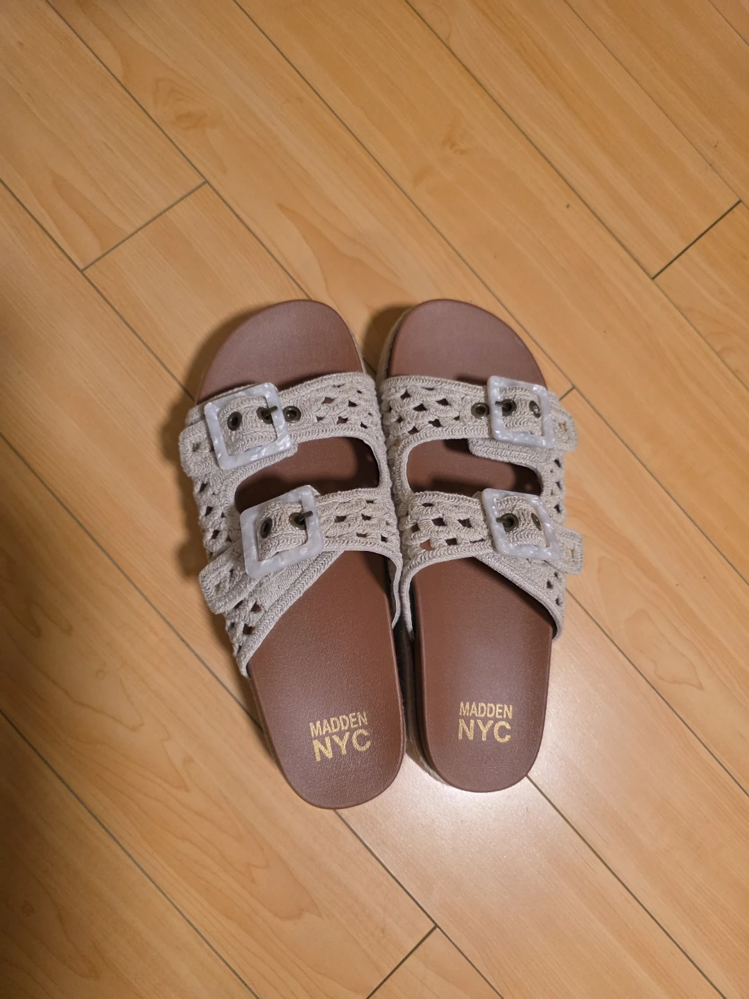 Madden NYC Cream Crochet Slide Sandals