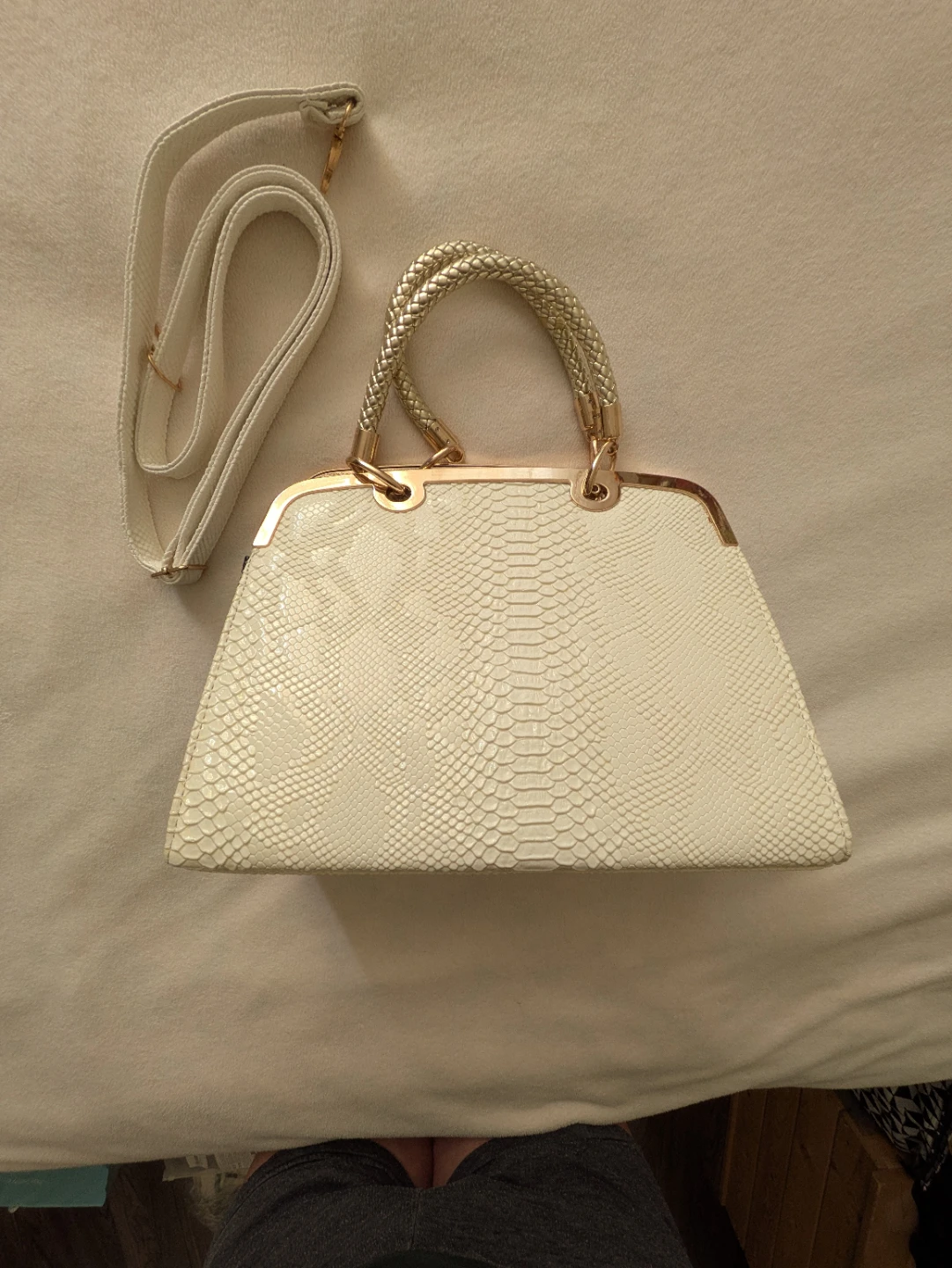 White & Gold Snakeskin Textured Handbag with Strap