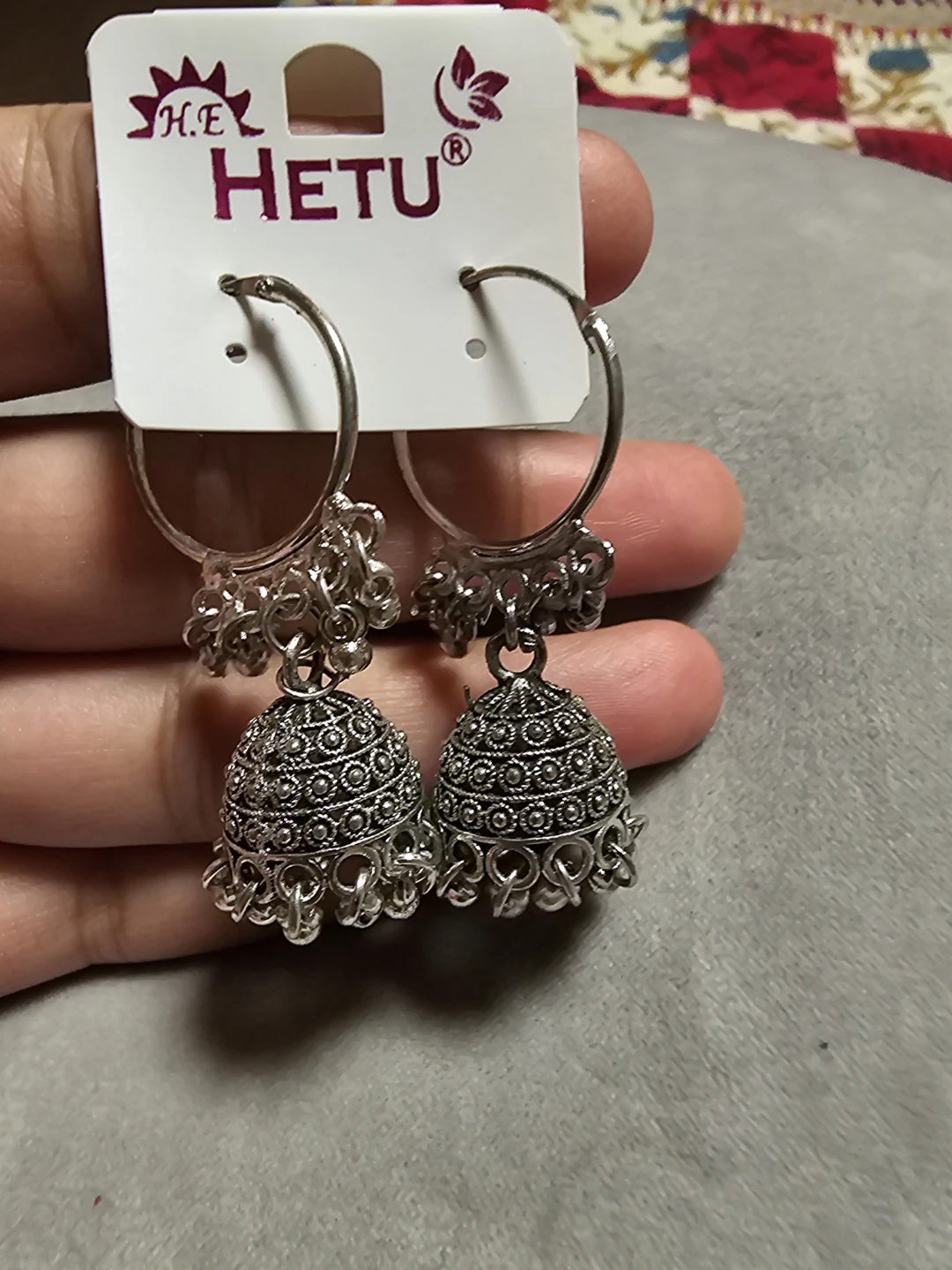 H.E. HETU Silver Tone Jhumka Hoop Earrings