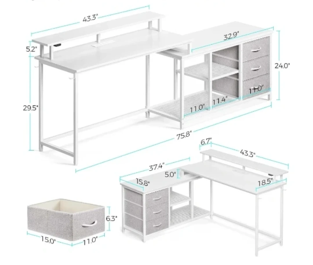 Reversible L-Shaped Computer Desk with Drawers - photo 2