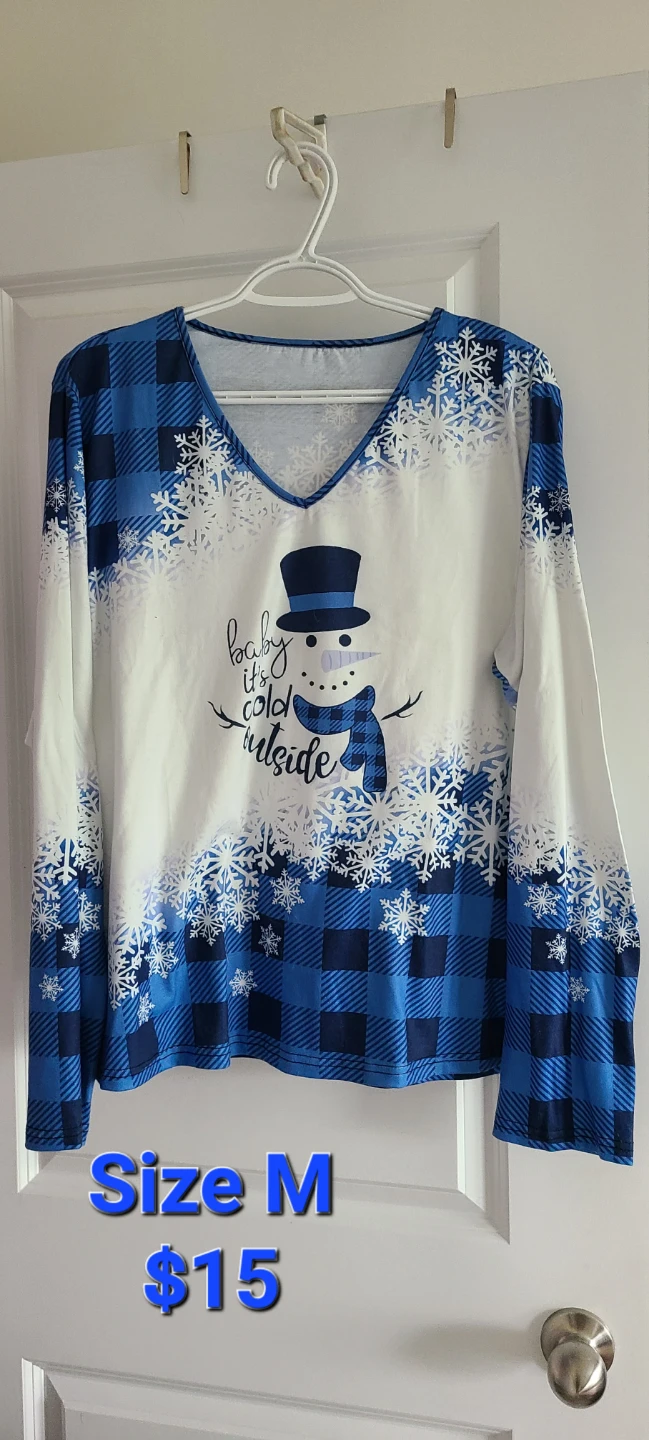 Blue and white snowman winter long sleeve top