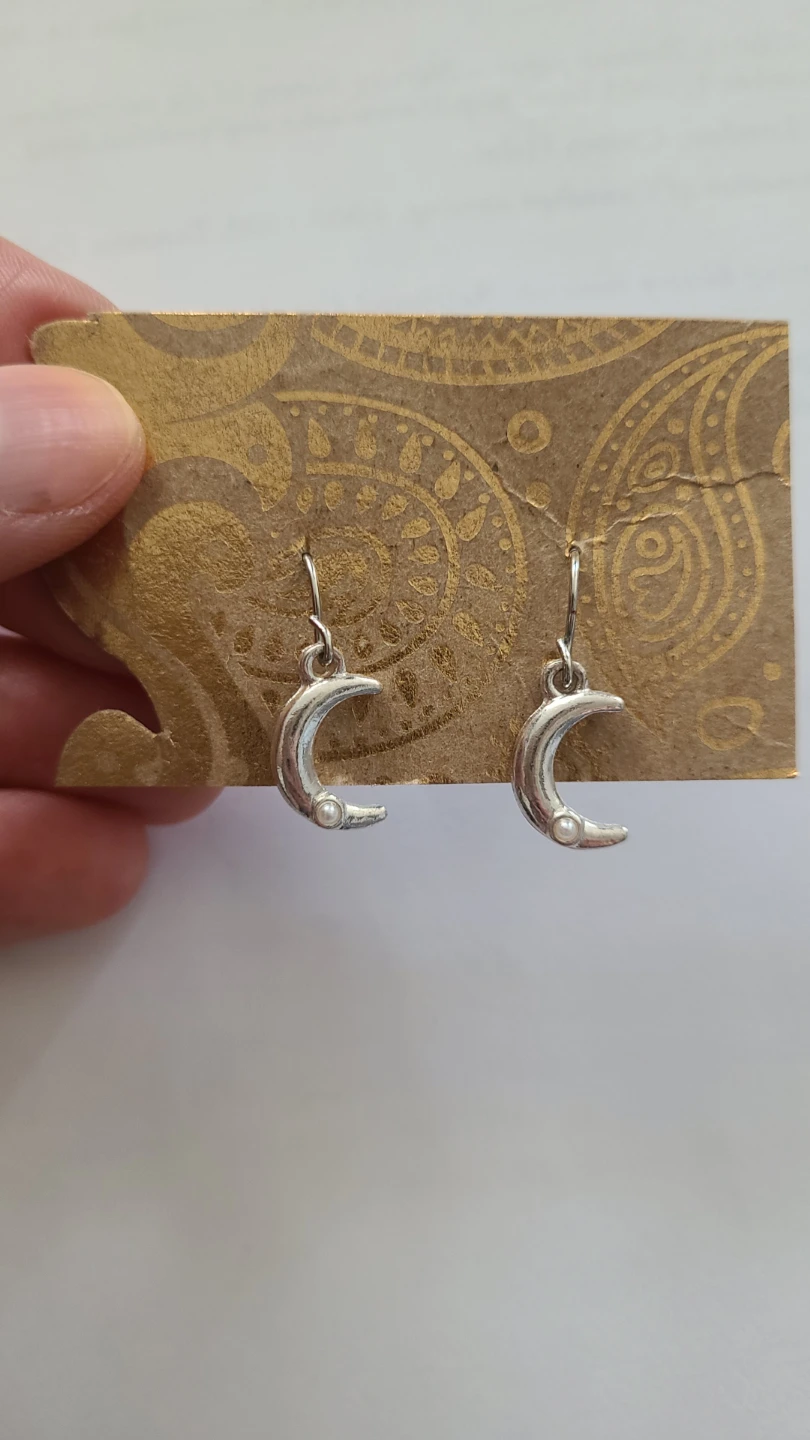 Silver-toned Moon Earrings with Small Pearl