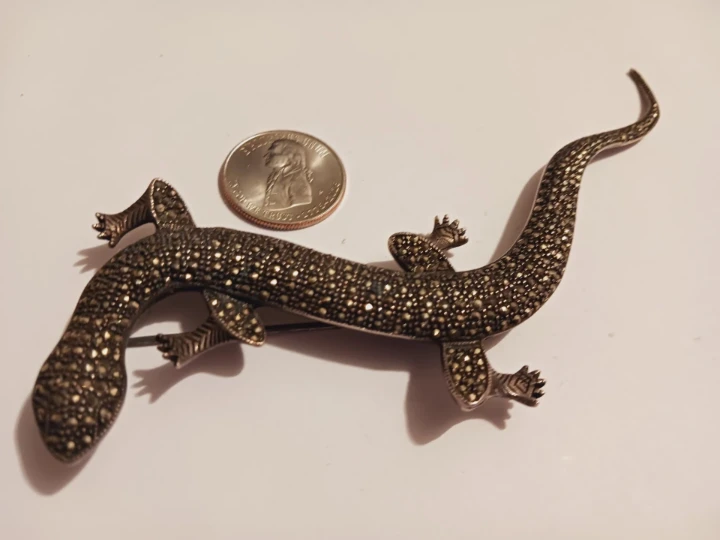 Oversized Sterling Silver 925 Marcasites Lizard Brooch - photo 3