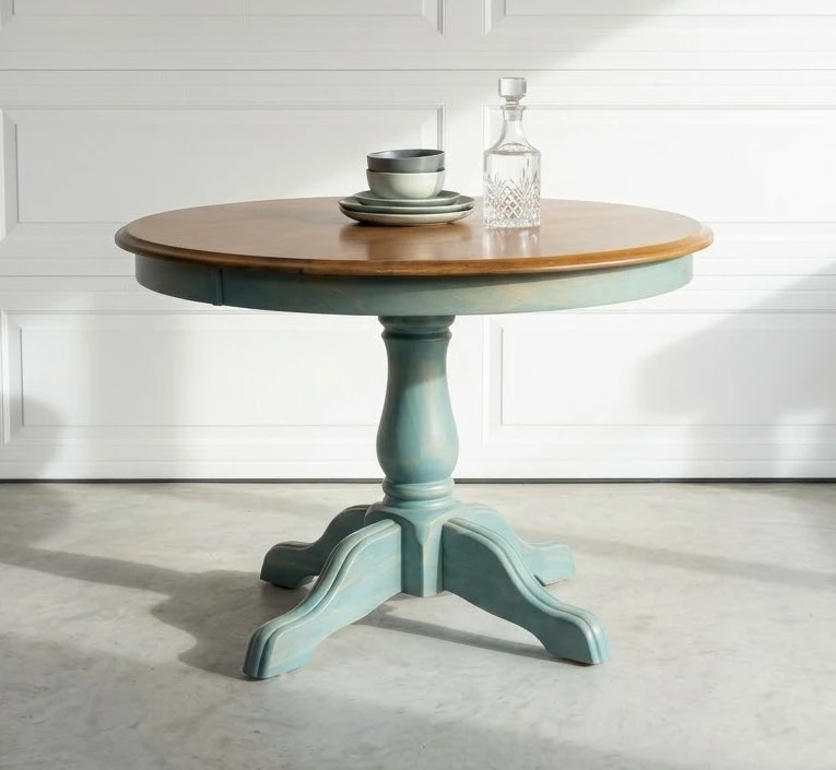 Vintage Round Pedestal Dining Table. With Leaves. Turquoise/Wood