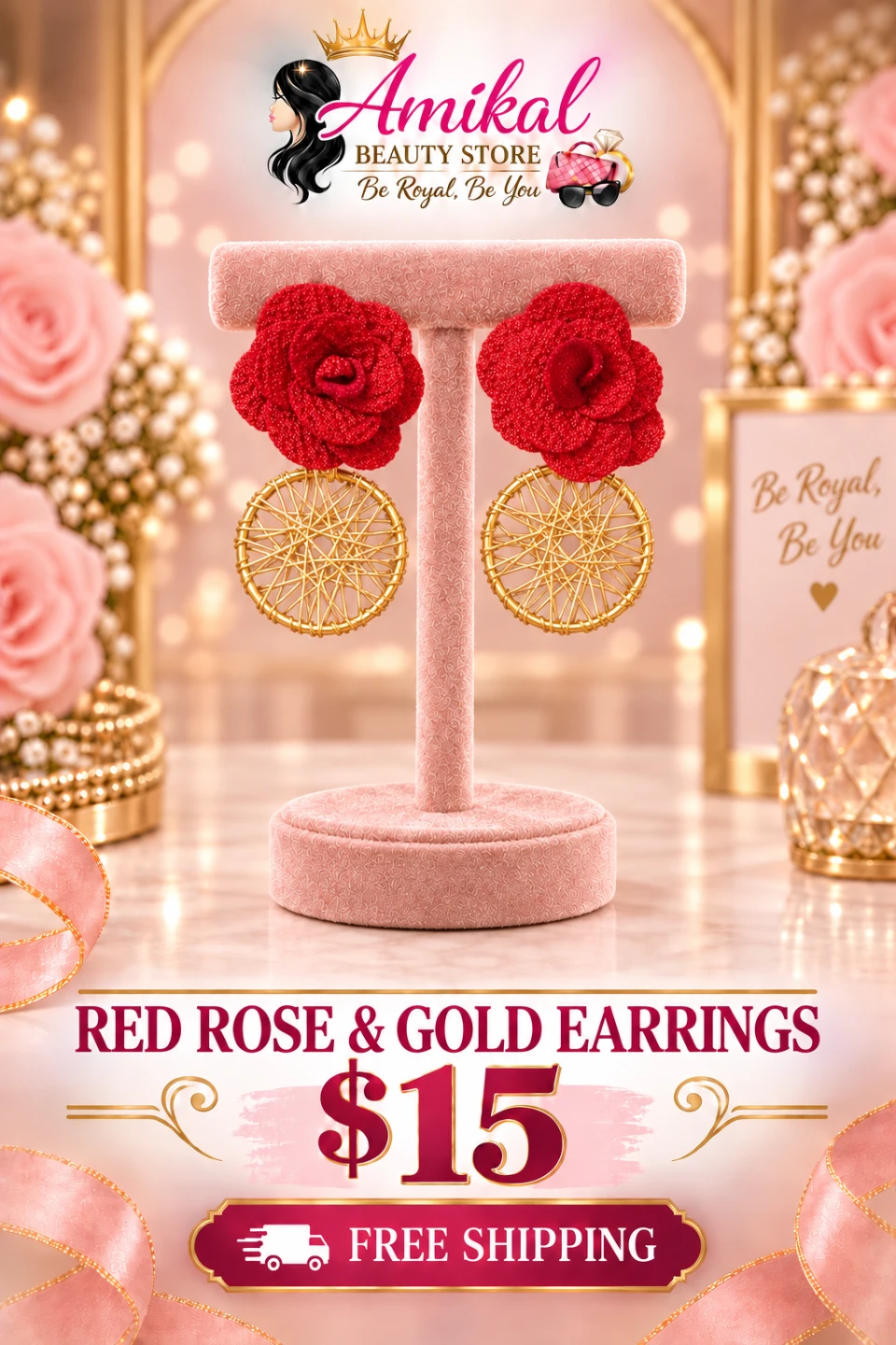 Red Rose and Gold Drop Earrings