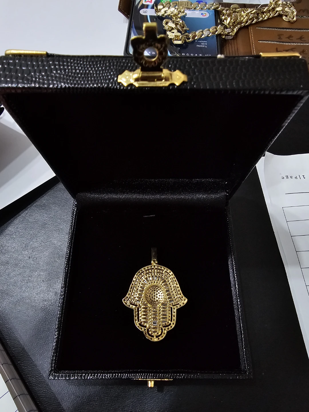 Gold Hamsa Pendant with Baguette and Round Diamonds - photo 2
