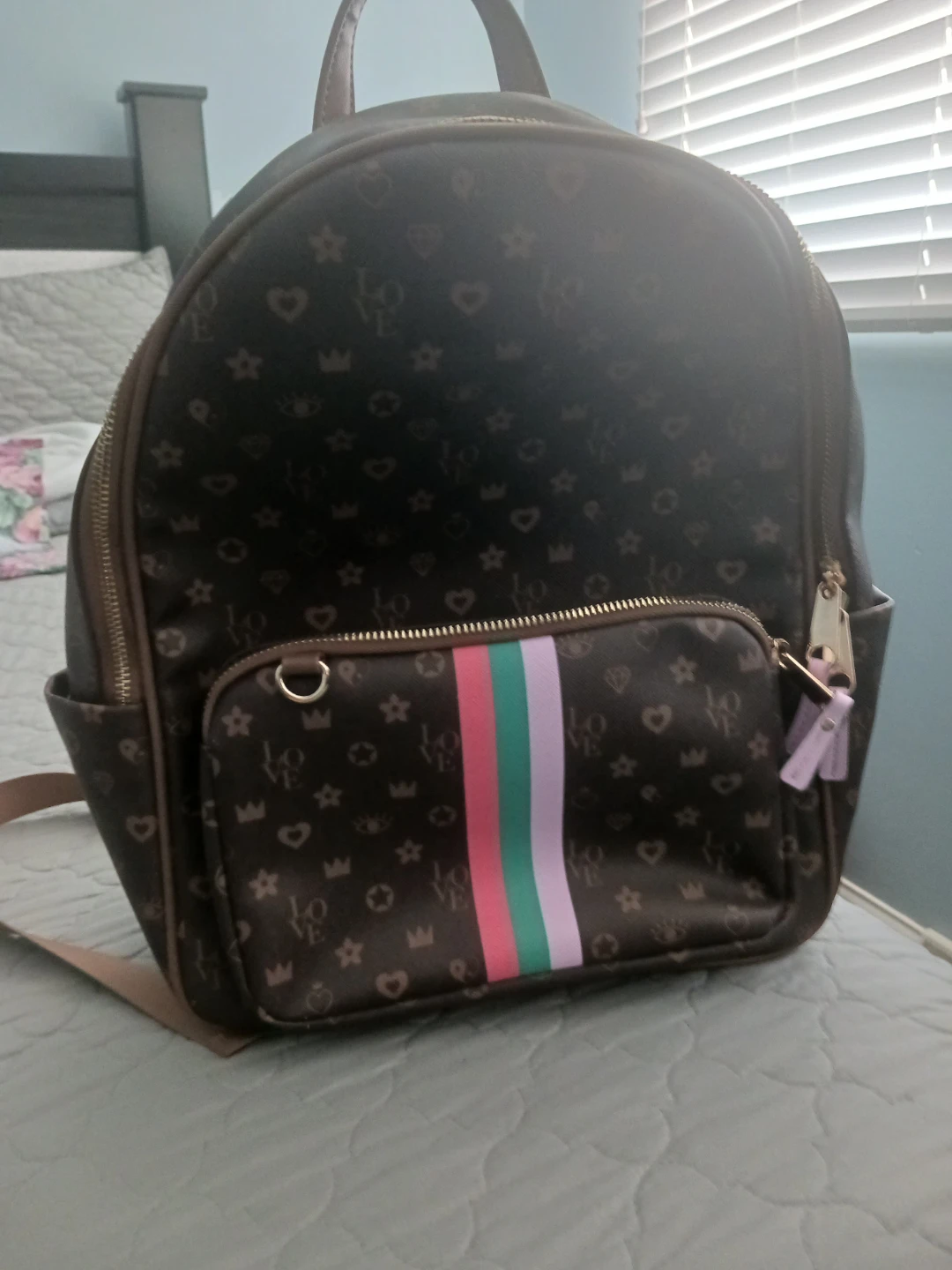 Brown Patterned Backpack with Stripe Detail - photo 2