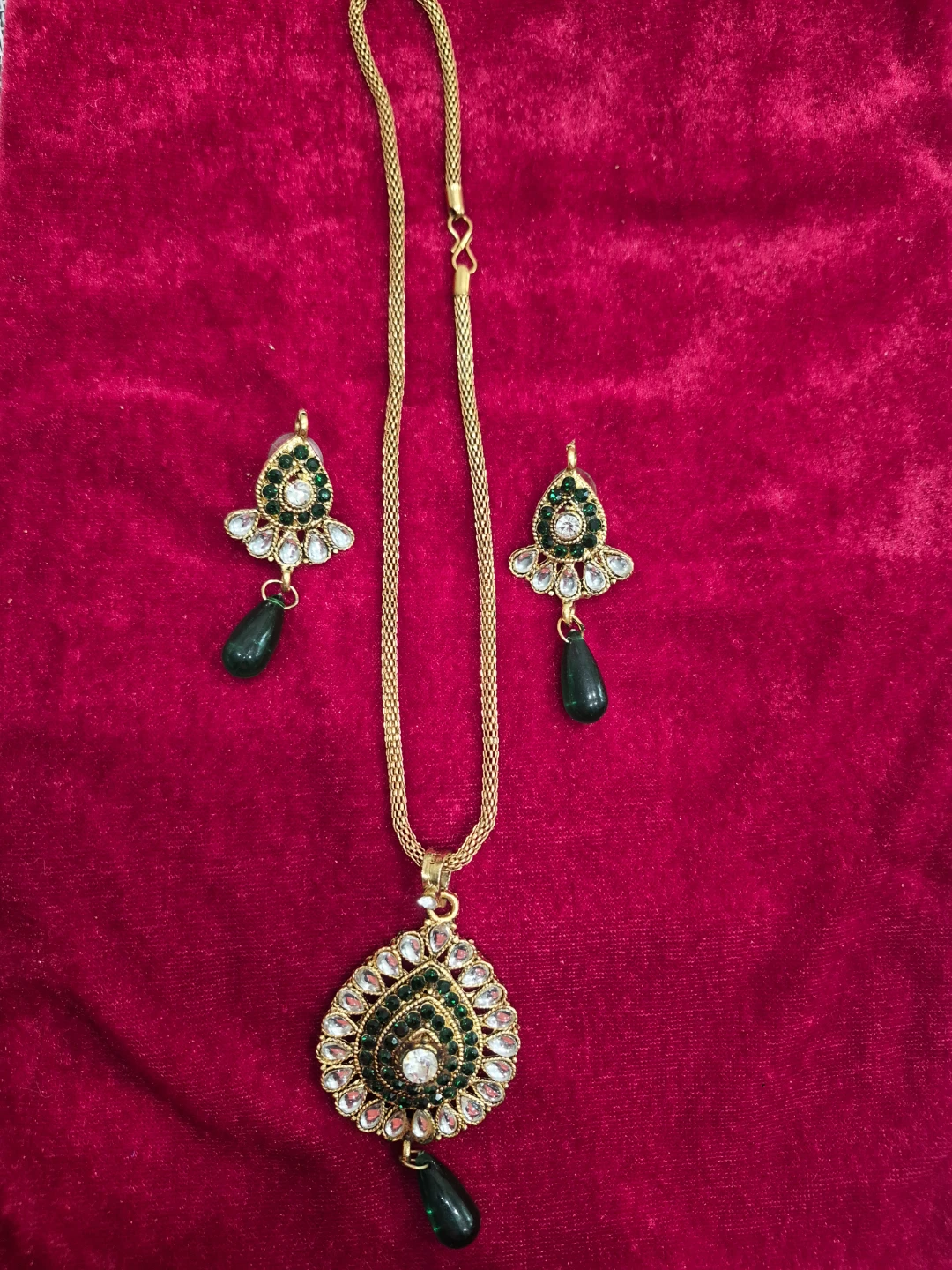 Gold-Tone Necklace and Earring Set with Green Stones