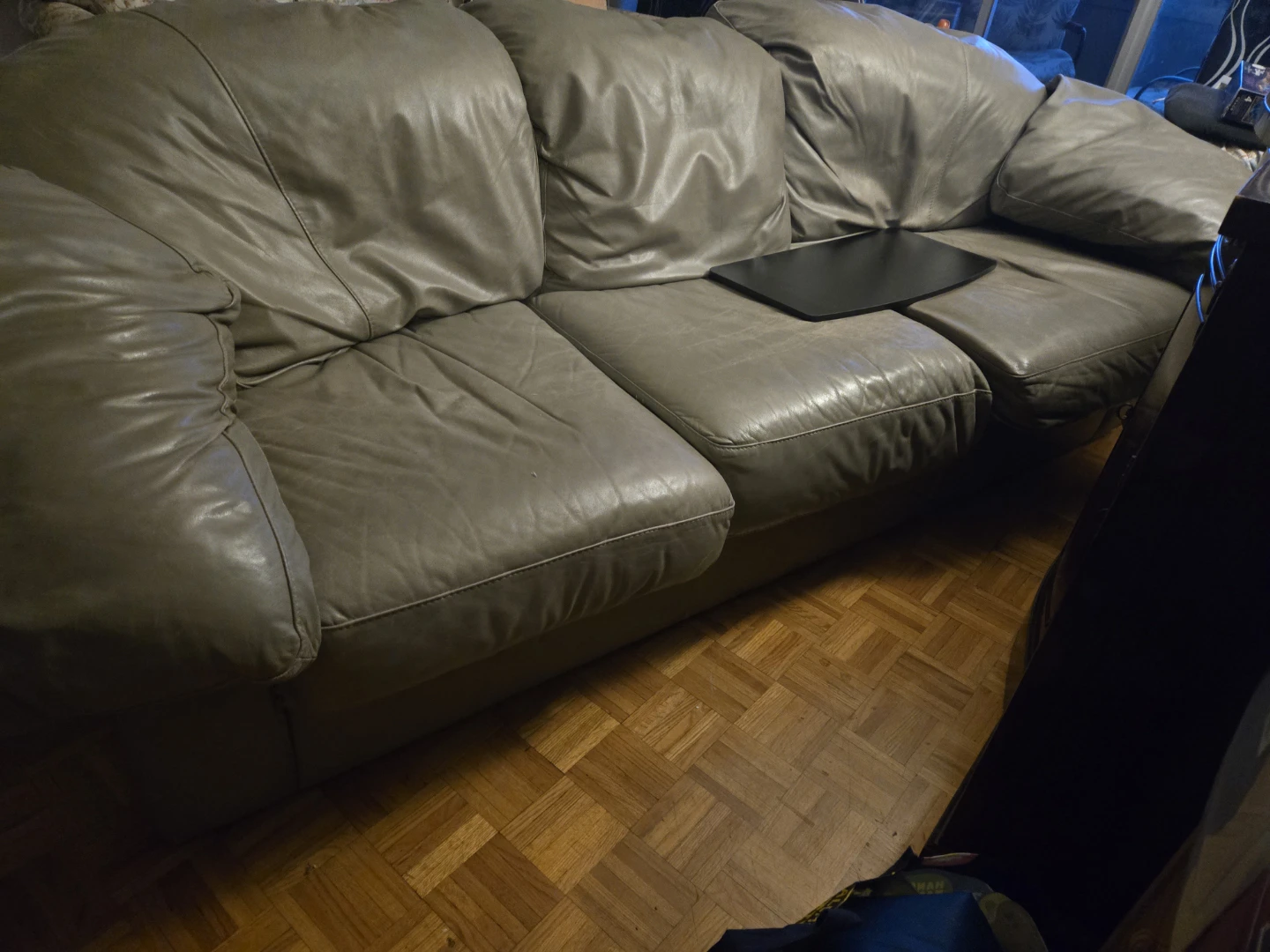 Grey Leather Three-Seater Sofa