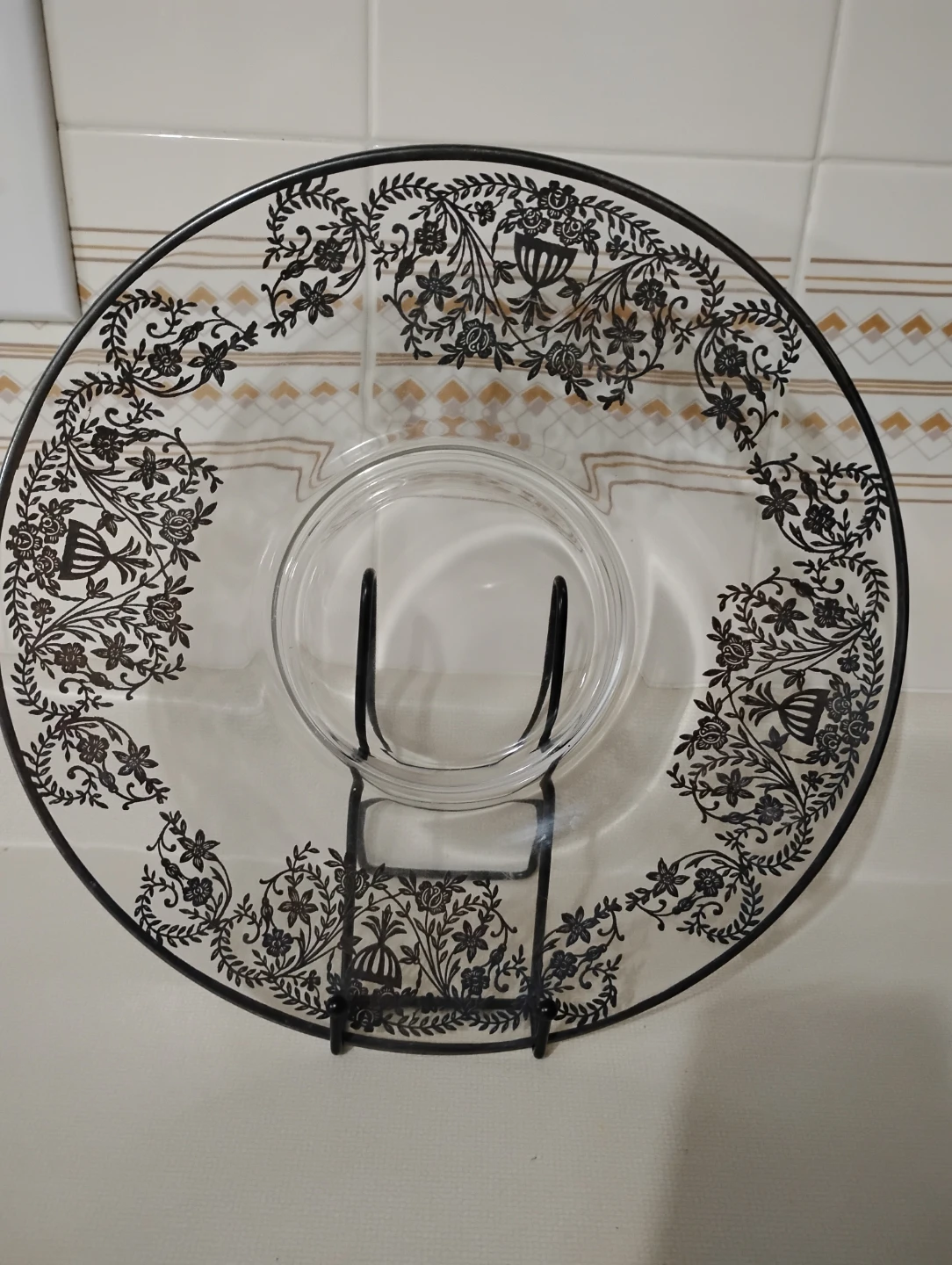 Decorative Glass Plate with Floral Silver Detailing - photo 2