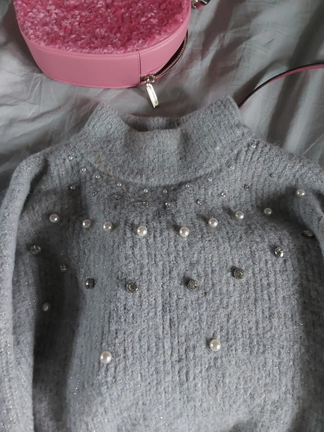 Maurices Grey Mock Neck Sweater with Pearls