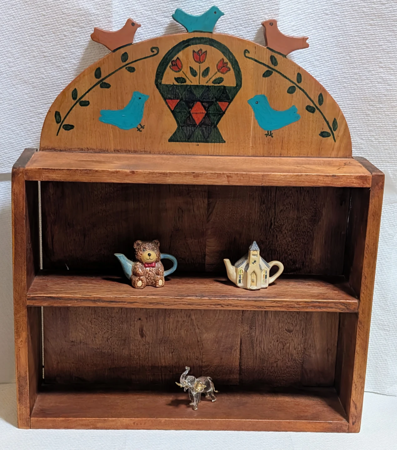Vintage Hand-Painted Wooden Wall Shelf with Bird Details