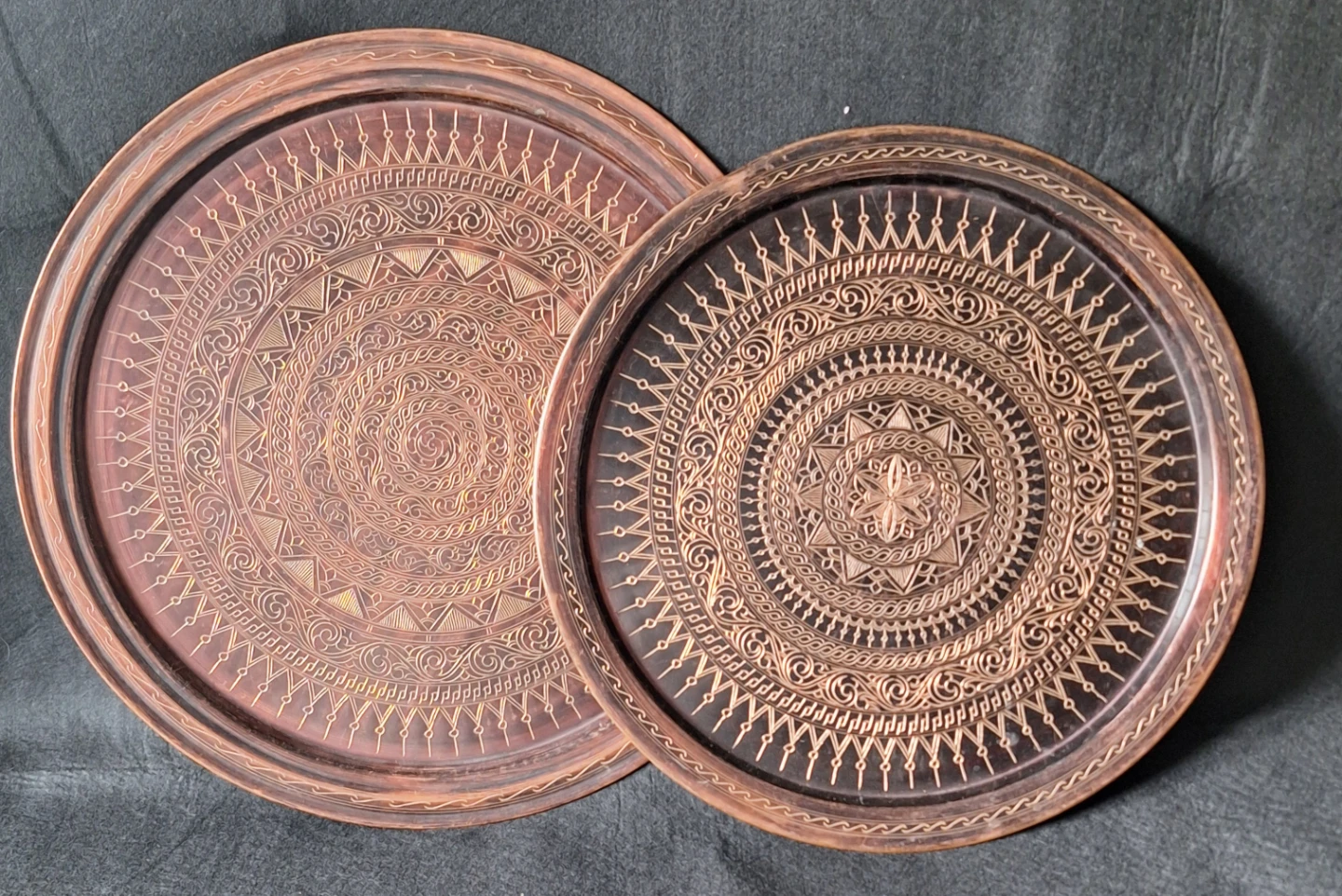 Two Vintage Etched Copper Decorative Trays