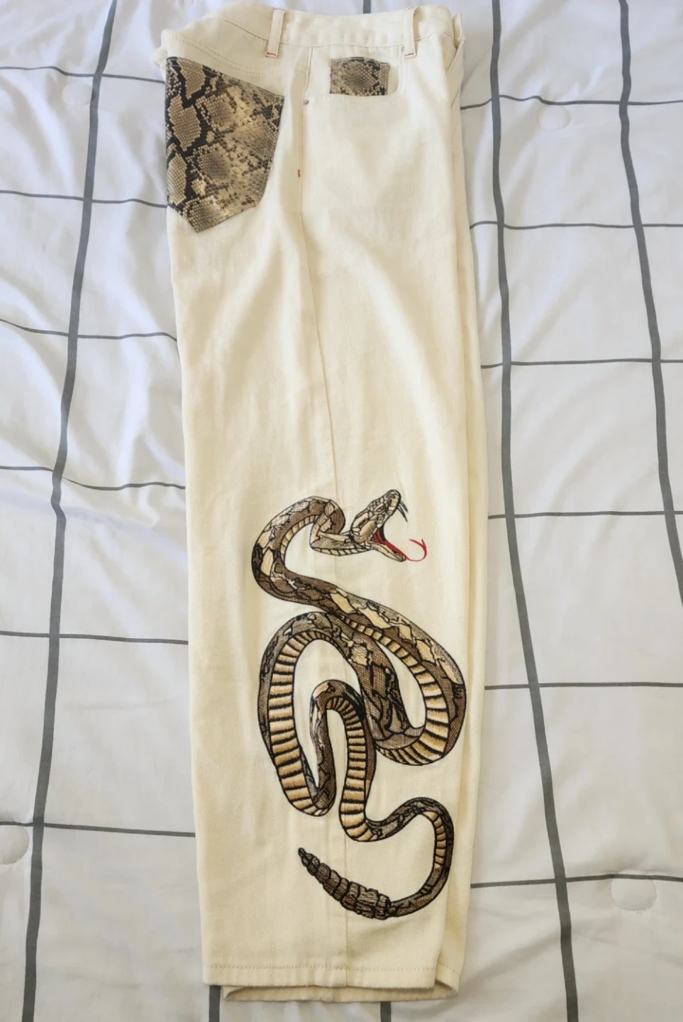 Cream snake print embroidered trousers - photo 2