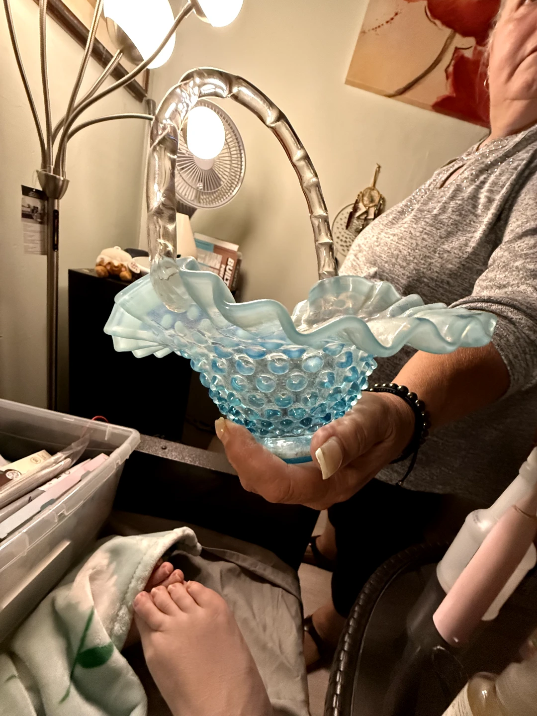 Light Blue Glass Hobnail Basket