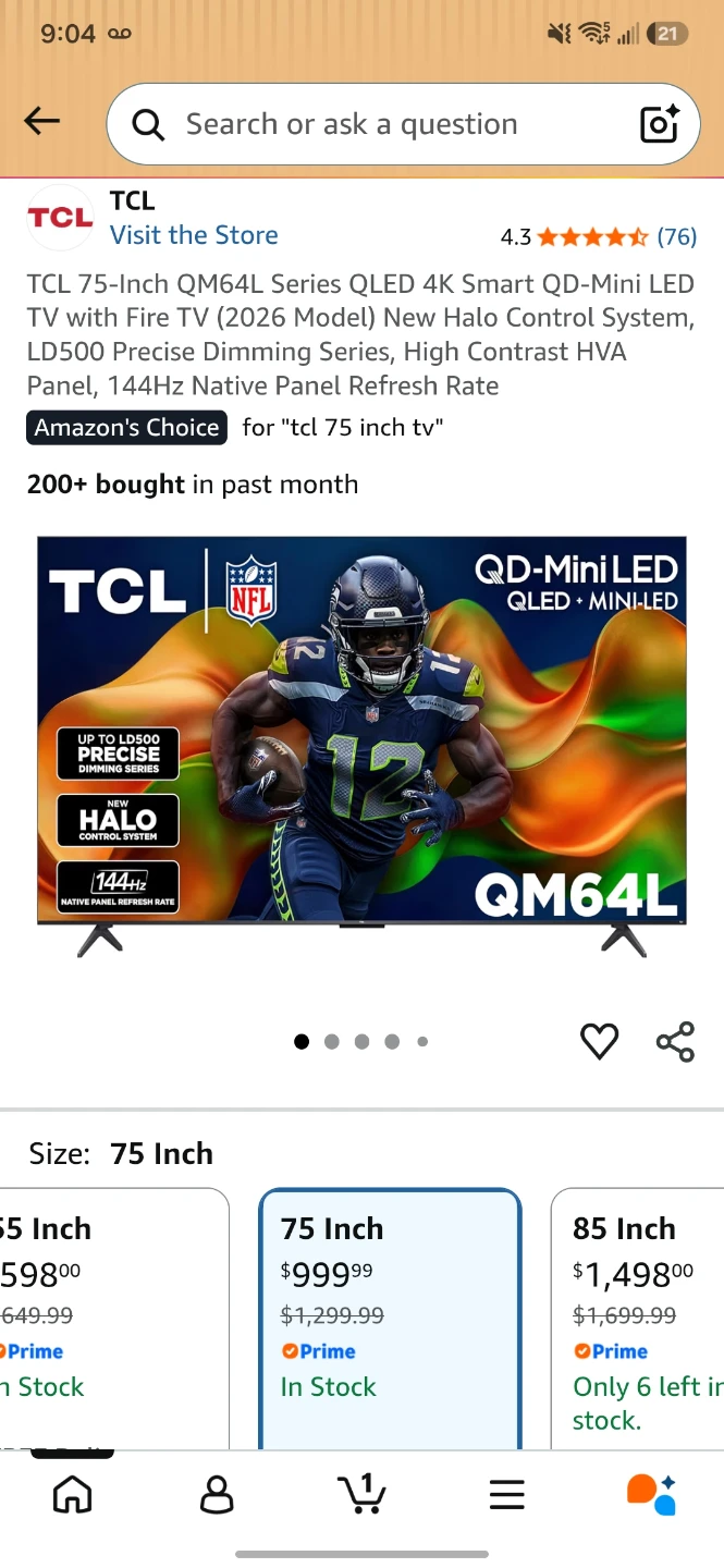 Broken TCL 75-Inch QM64L QLED 4K Smart TV