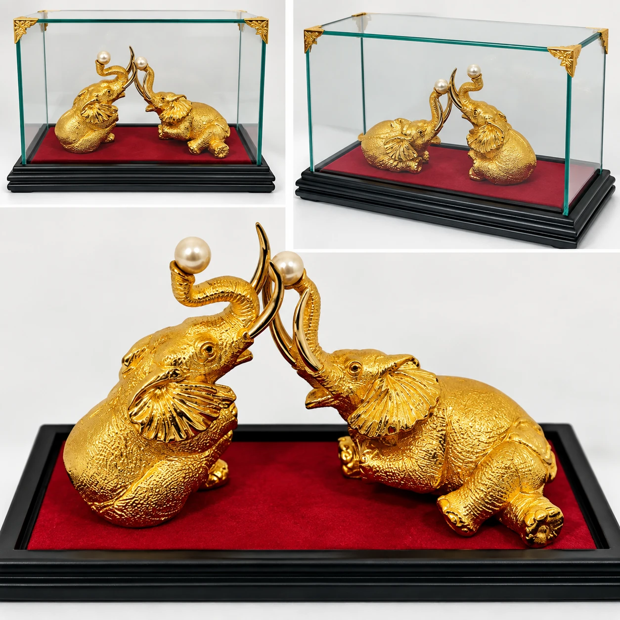 Vintage 24K Gold Plated Elephant Pair Glass Display Case - photo 2