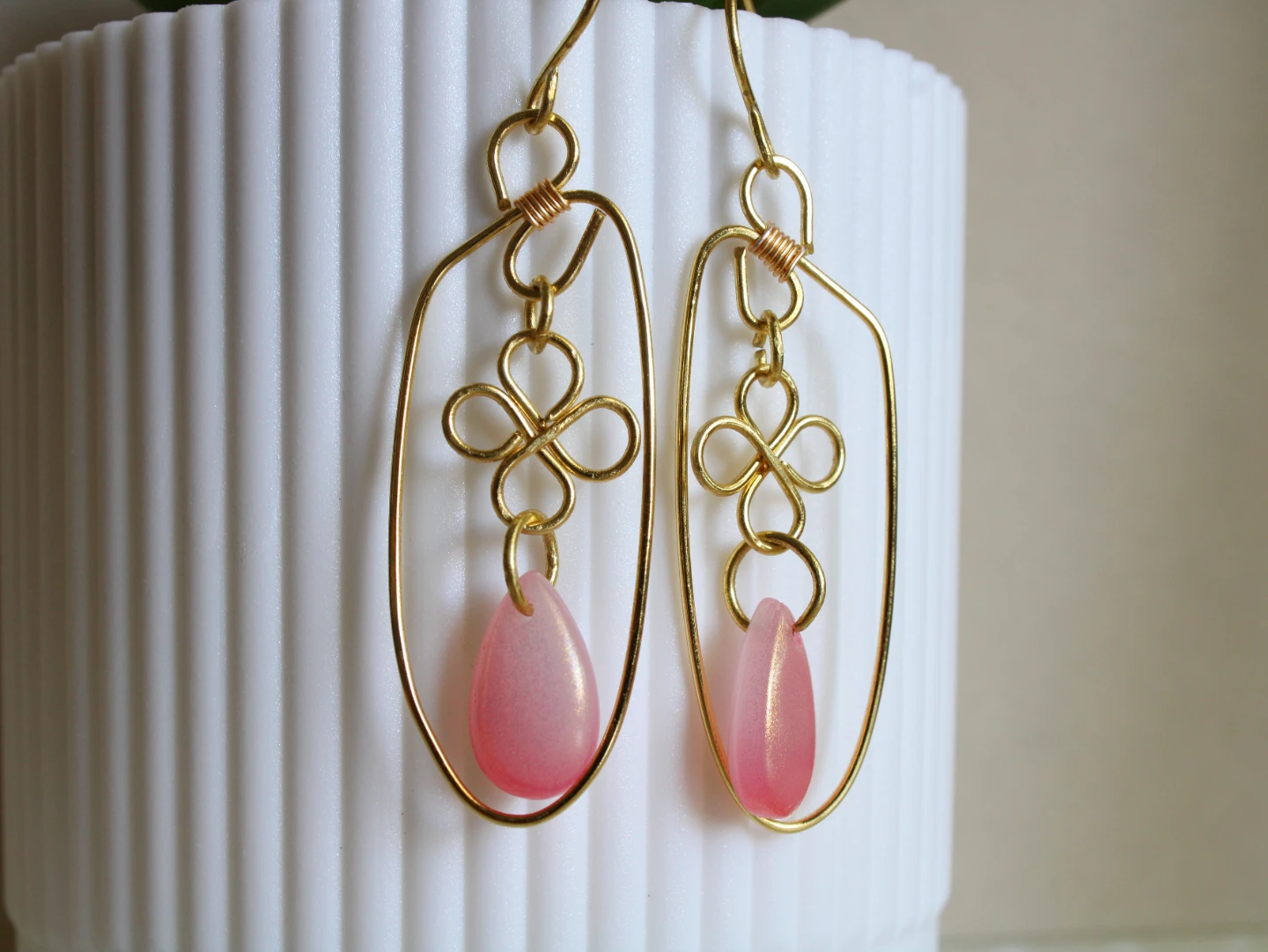Gold Tone Pink Teardrop Dangle Earrings