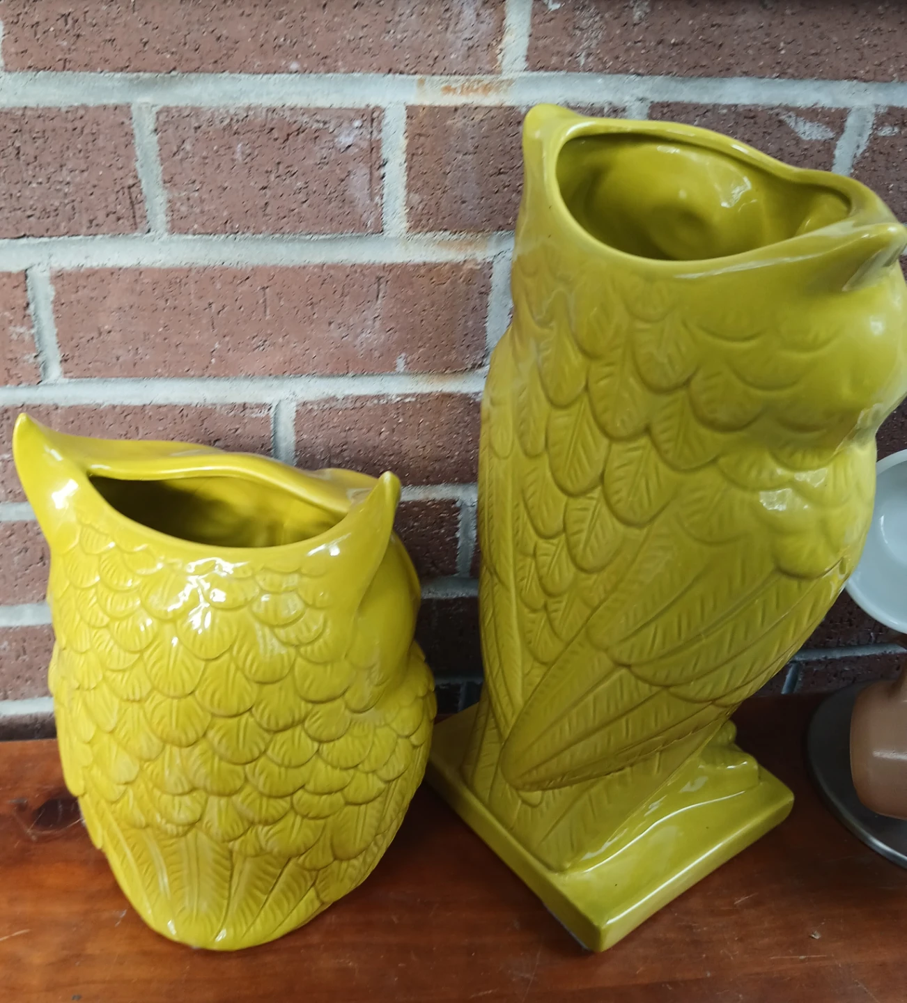 Two Yellow Ceramic Owl Planters - photo 2