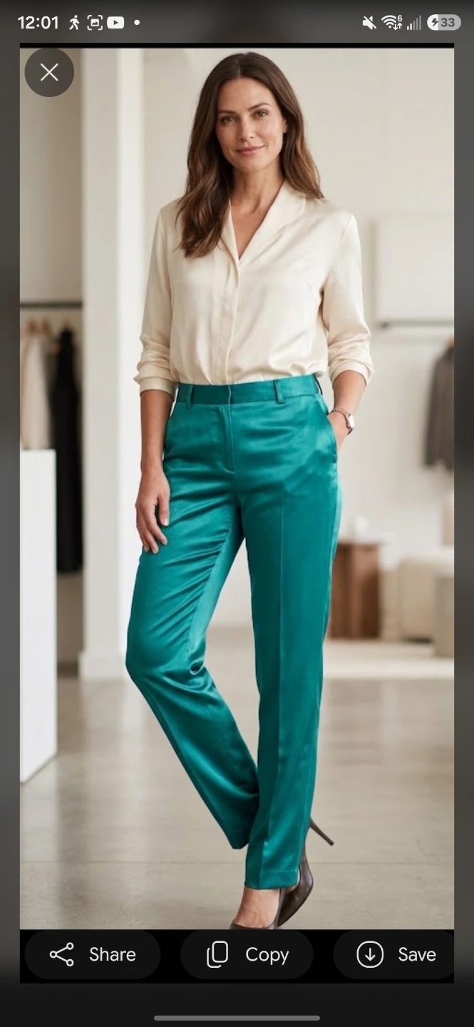 Bright Teal Silk Trousers Size 42 Made in France