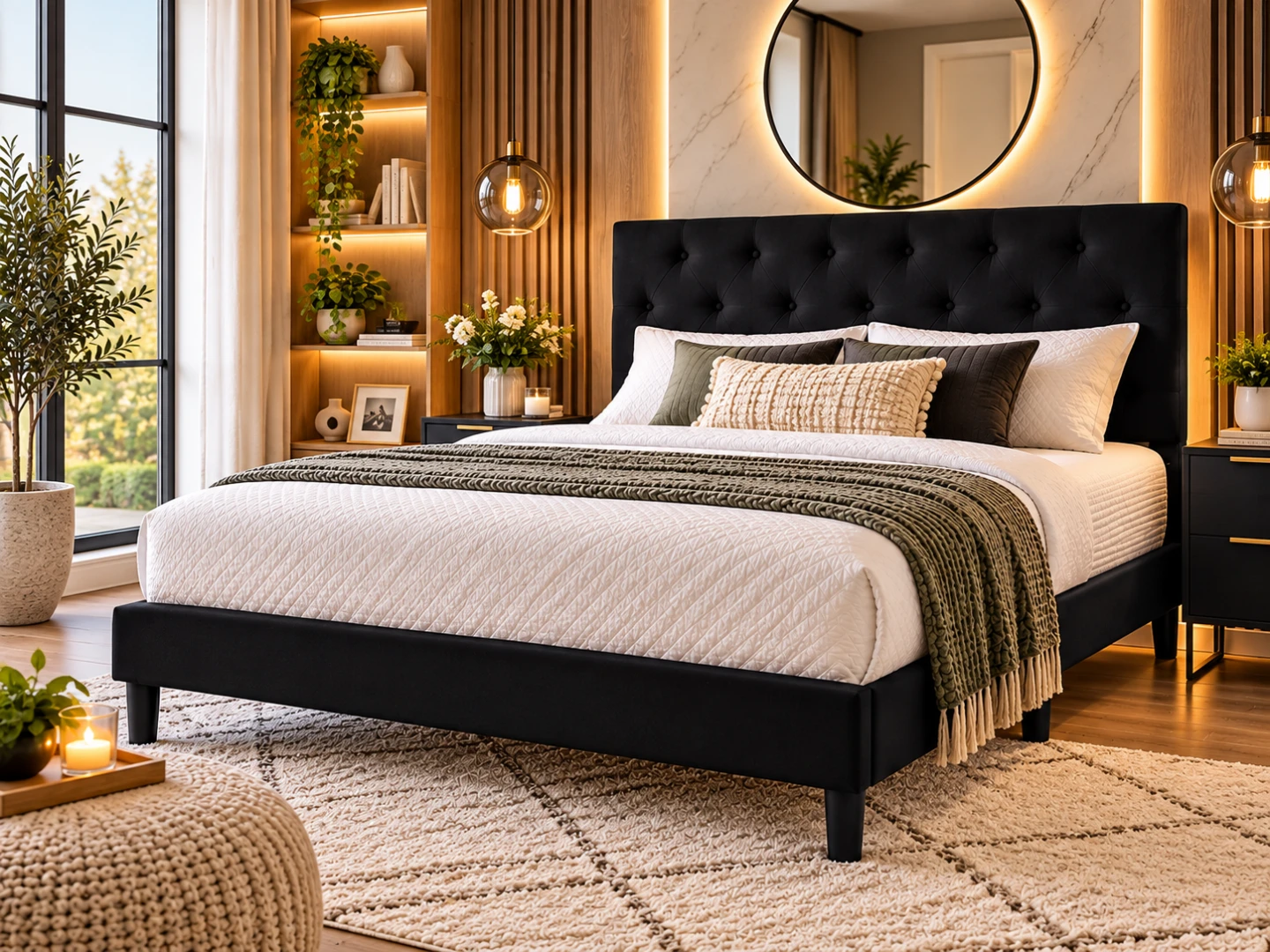 Black Upholstered Button-Tufted Bed Frame