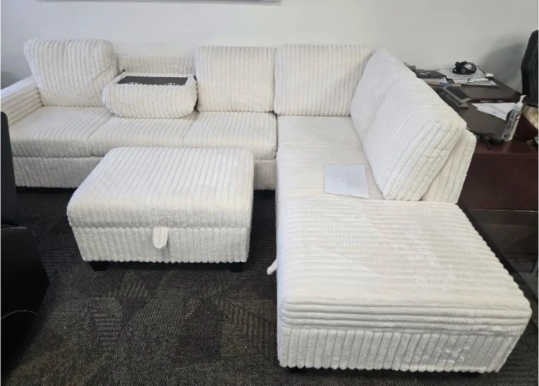 White Corduroy Sectional Sofa with ottoman