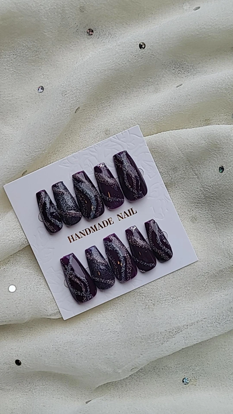 Handmade Press-On Nails - Deep Purple and Silver Glitter