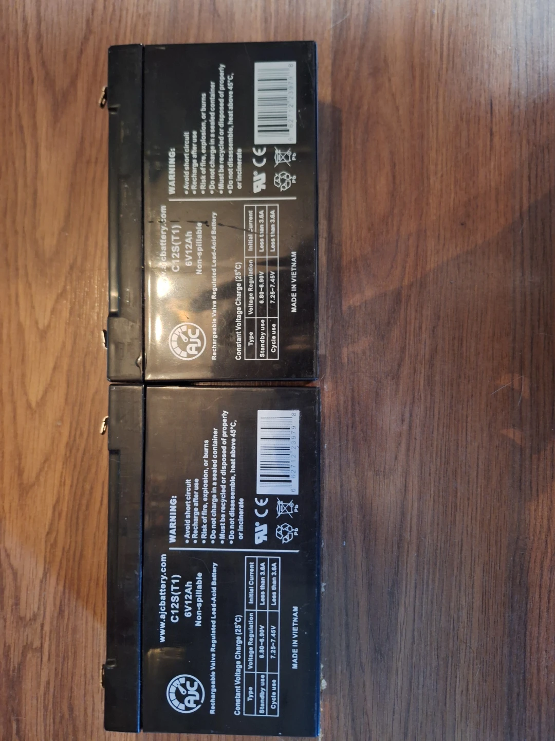 Two AJC Rechargeable Lead-Acid Batteries 6V 12Ah