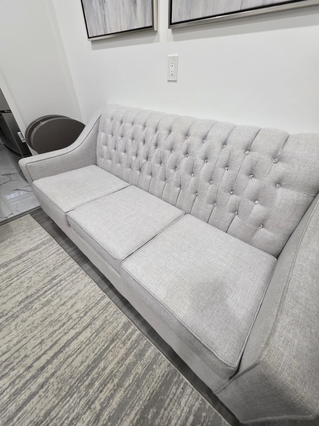 Light Grey Tufted Sofa with Crystal Accents - photo 3