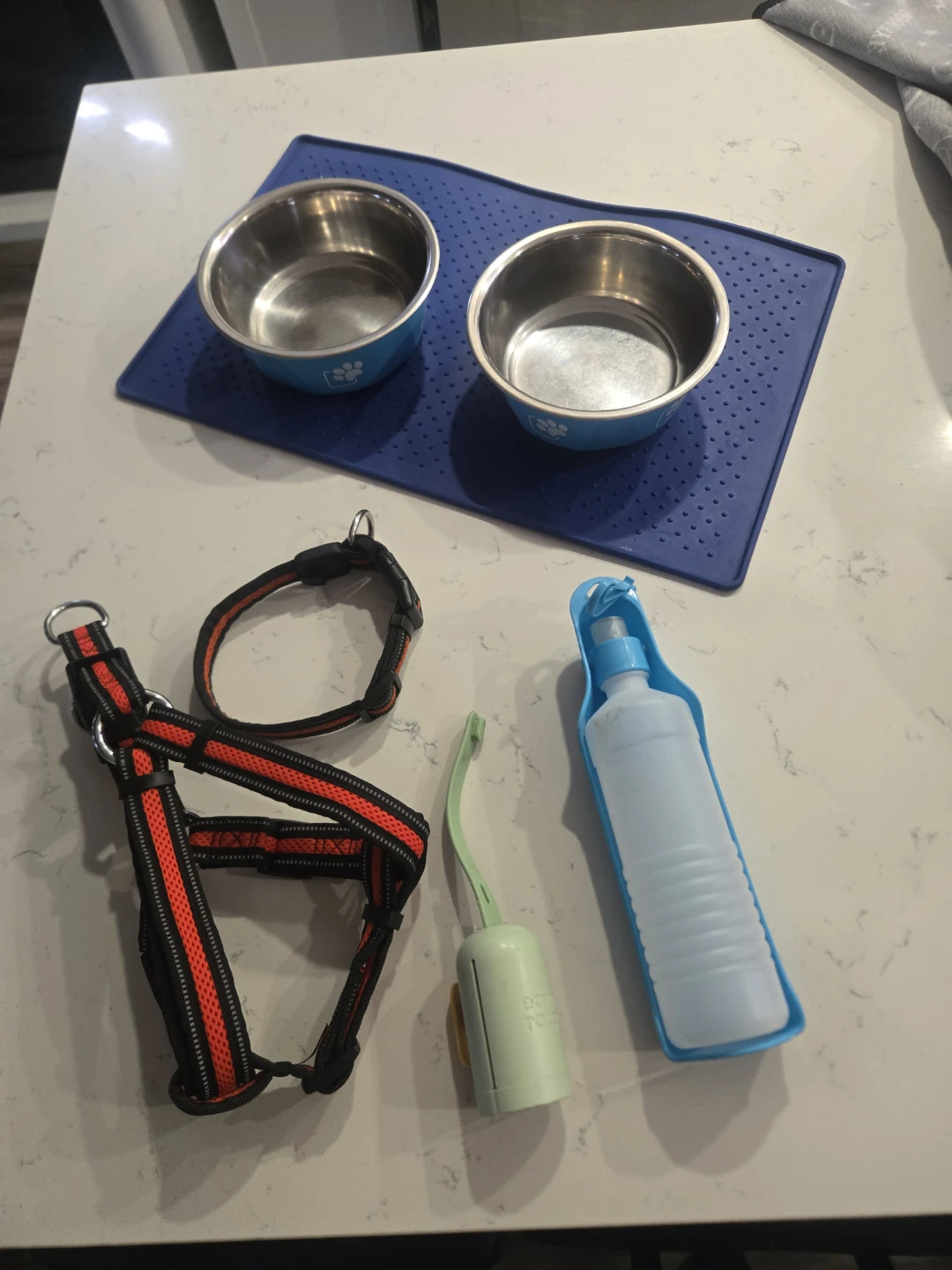Dog starter kit with bowls, harness, and accessories