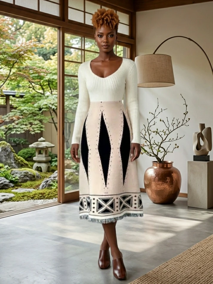 Autumn Winter Tasseled Knitted Jacquard Dress For Women - photo 2