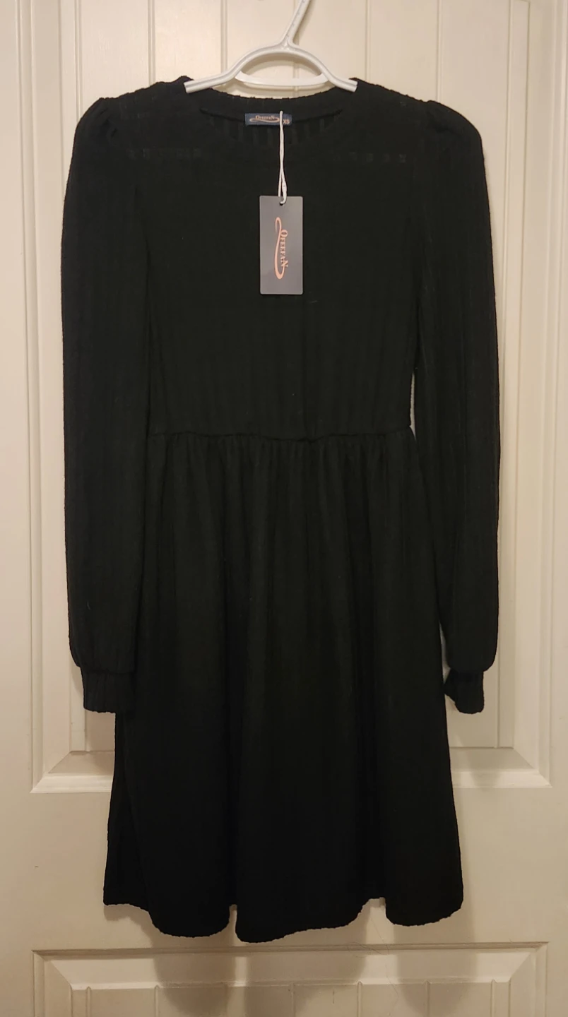 OFFEAN Black Ribbed Puff Sleeve Dress