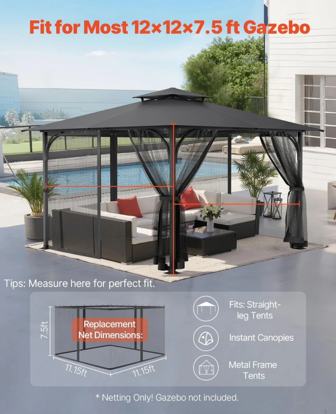 Brand New In Box - Replacement Gazebo Netting JDM-365K 12x12 ft