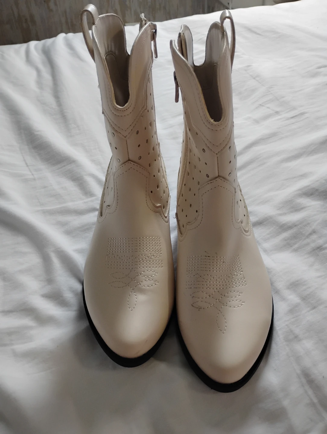 Cream Studded Western Ankle Boots