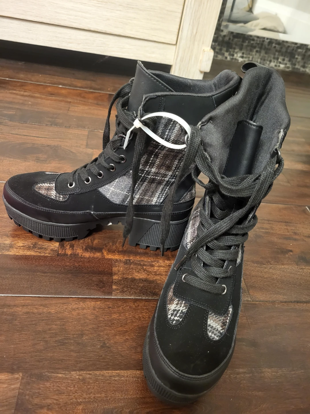 Black Plaid Lace-Up Platform Boots