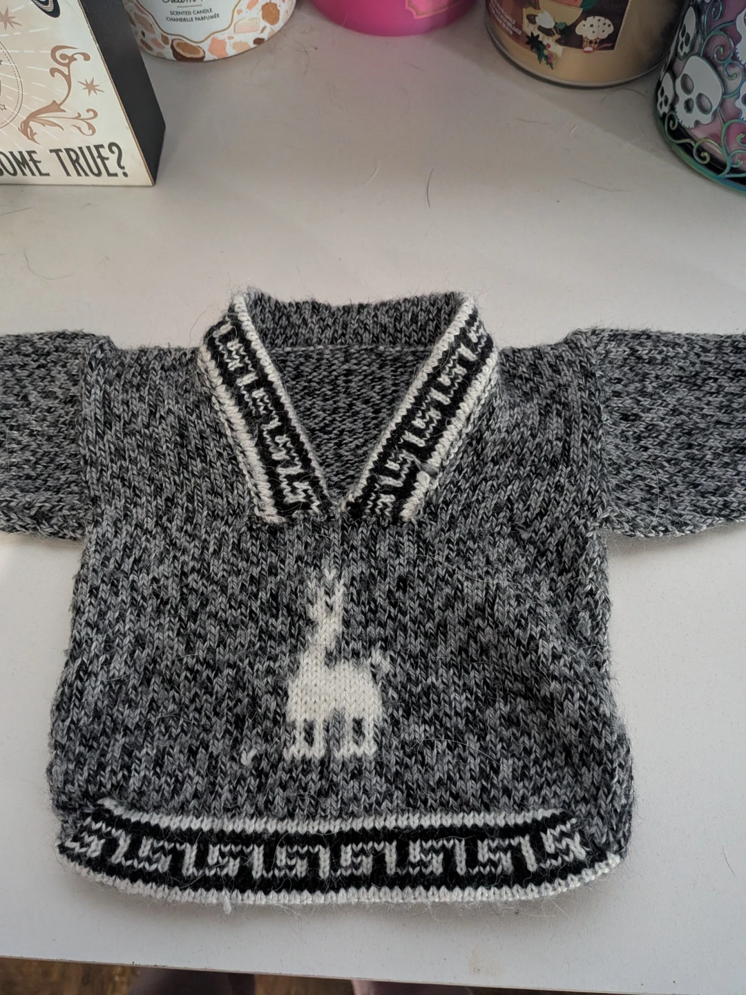 Grey Knit Sweater with Llama Motif