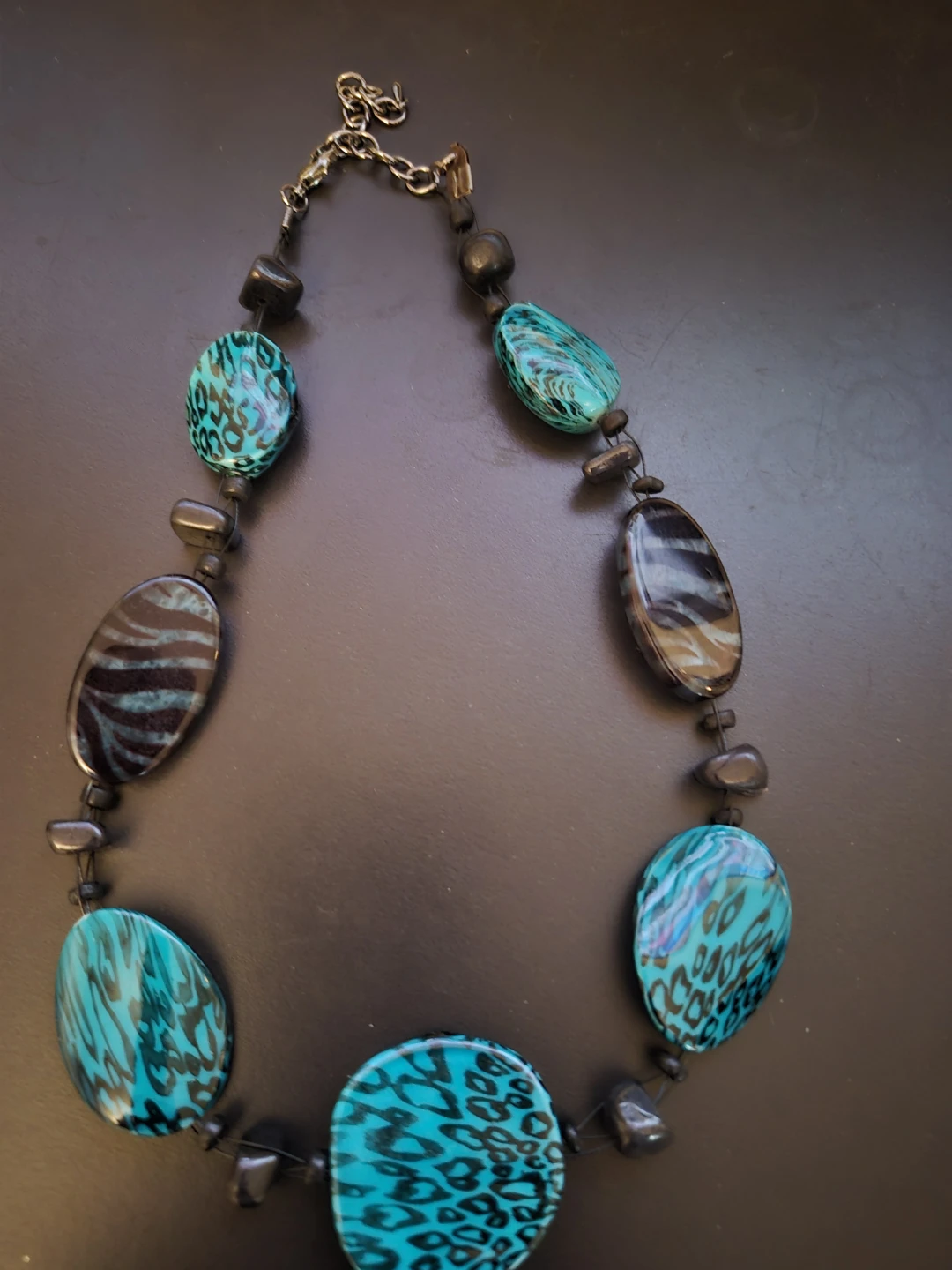 Turquoise and Black Patterned Beaded Statement Necklace