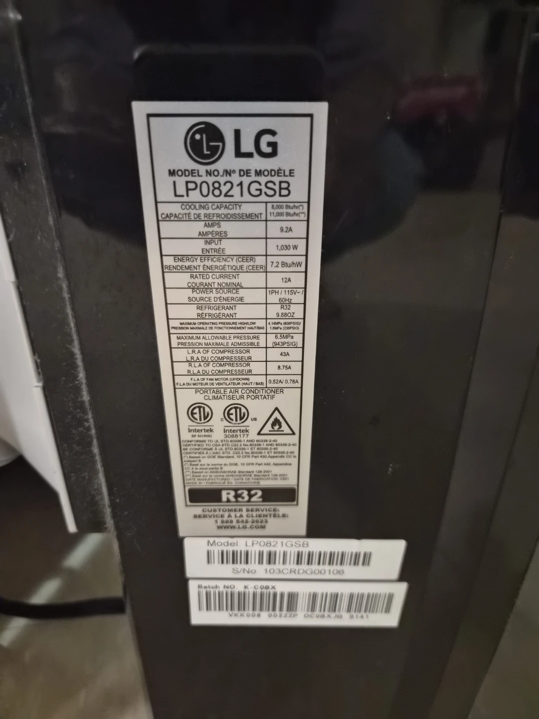 LG Portable Air Conditioner LP0821GSB - photo 5