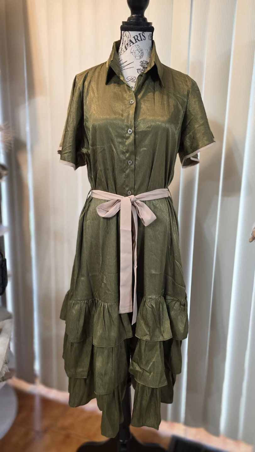 Olive Green Ruffle Hem Shirt Dress