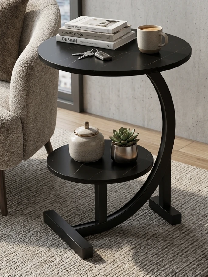 Round Black Side Table with Two Tiers