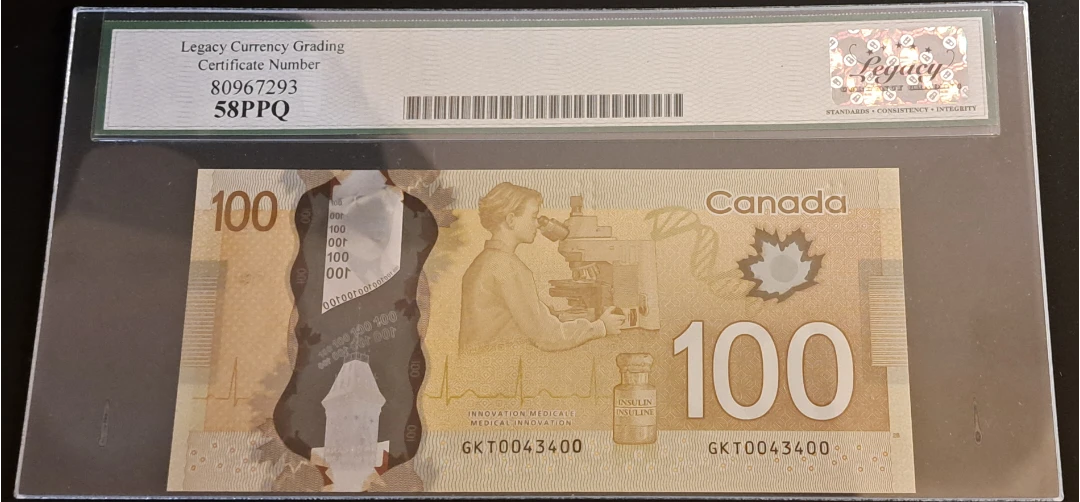 Graded $100 Canadian, 3-Digit Radar Banknote, Legacy. 58PPQ