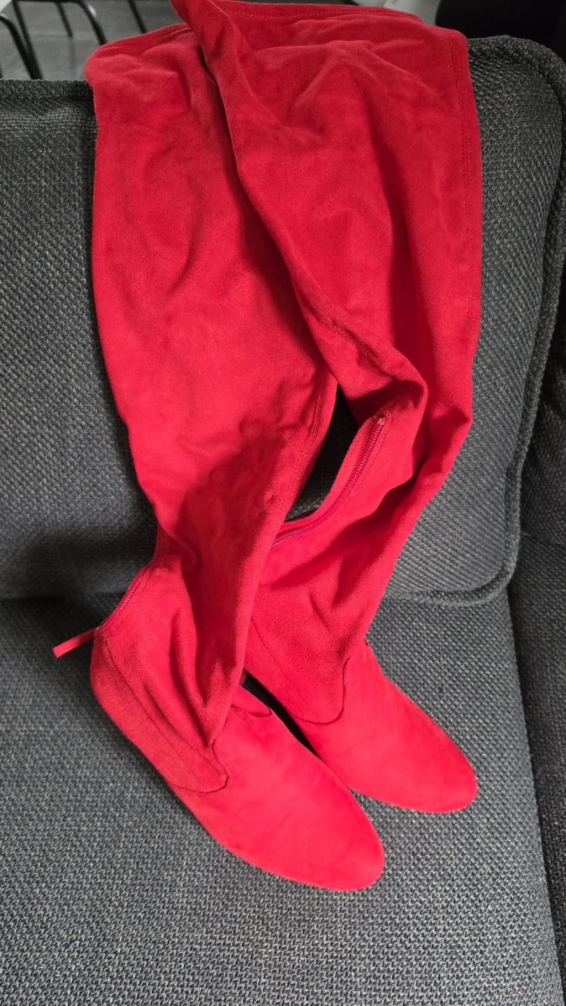 Red suede-look over-the-knee boots