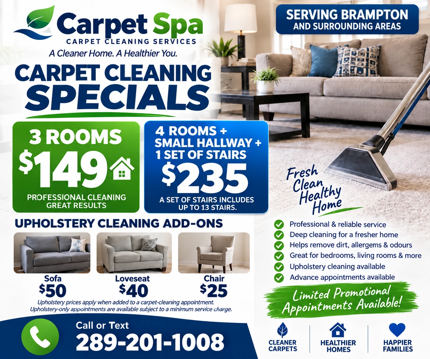 Professional Carpet Cleaning – 3 Rooms $149 | Brampton Area